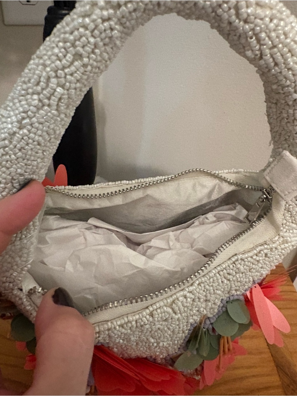 White Beaded Mini Bag with Coral & Lavender Floral Appliqué - Picture 6 of 6